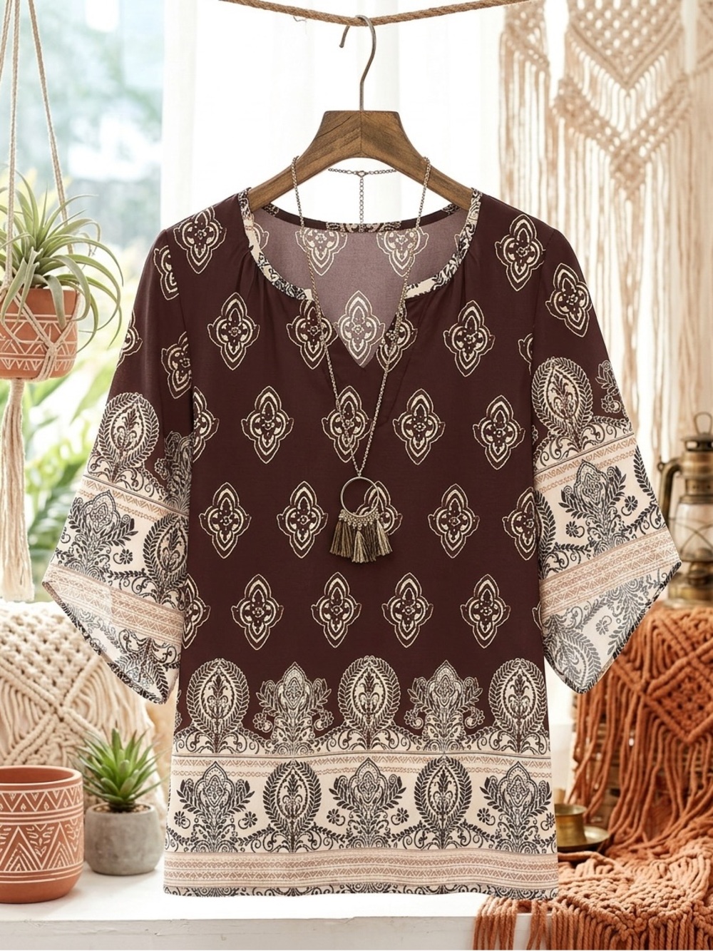 Burgundy and Cream Boho Tunic
